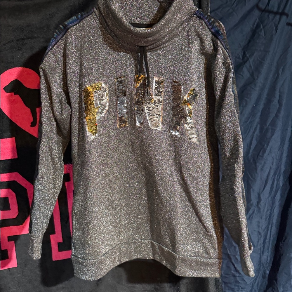Victorias Secret PINK Metallic Silver Rainbow Sequin Cowl Neck Sweatshirt
